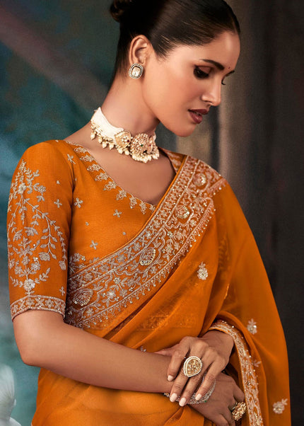 Orange Embroidered Festive Saree