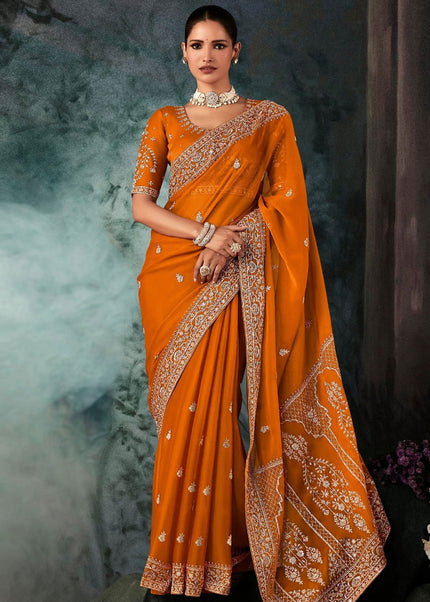 Orange Embroidered Festive Saree
