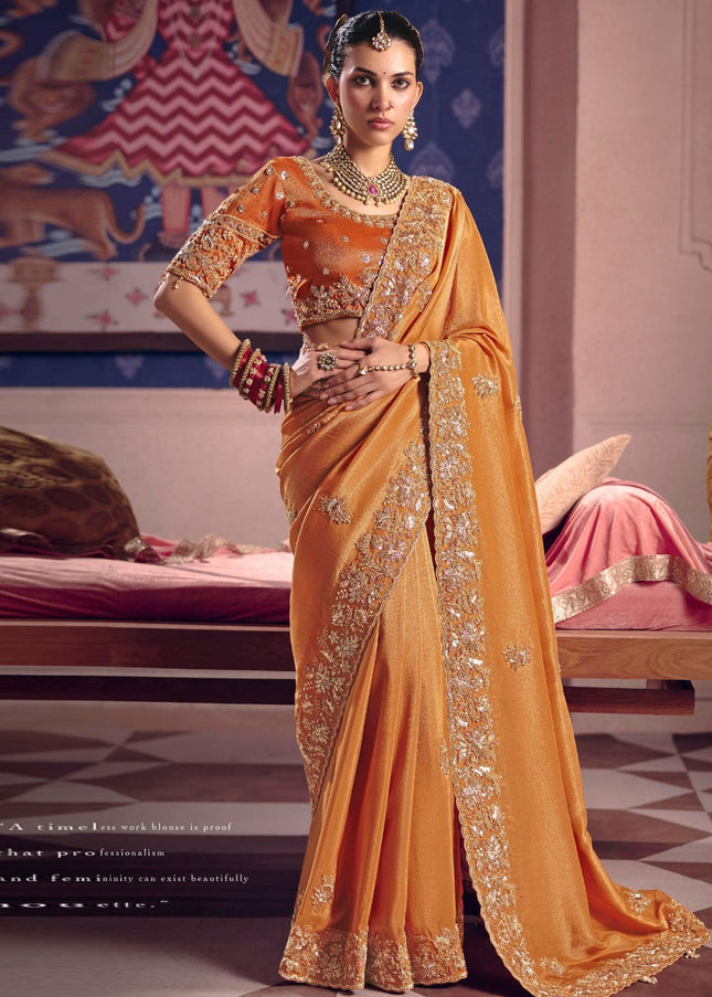 Orange Embroidered Wedding Saree