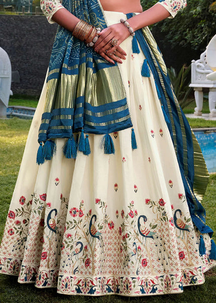 Offwhite and Teal Embroidered Lehenga Choli