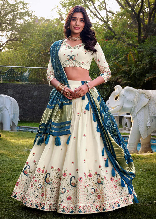 Offwhite and Teal Embroidered Lehenga Choli