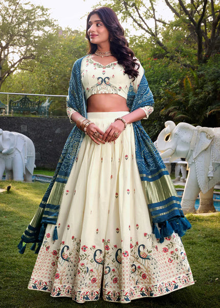 Offwhite and Teal Embroidered Lehenga Choli