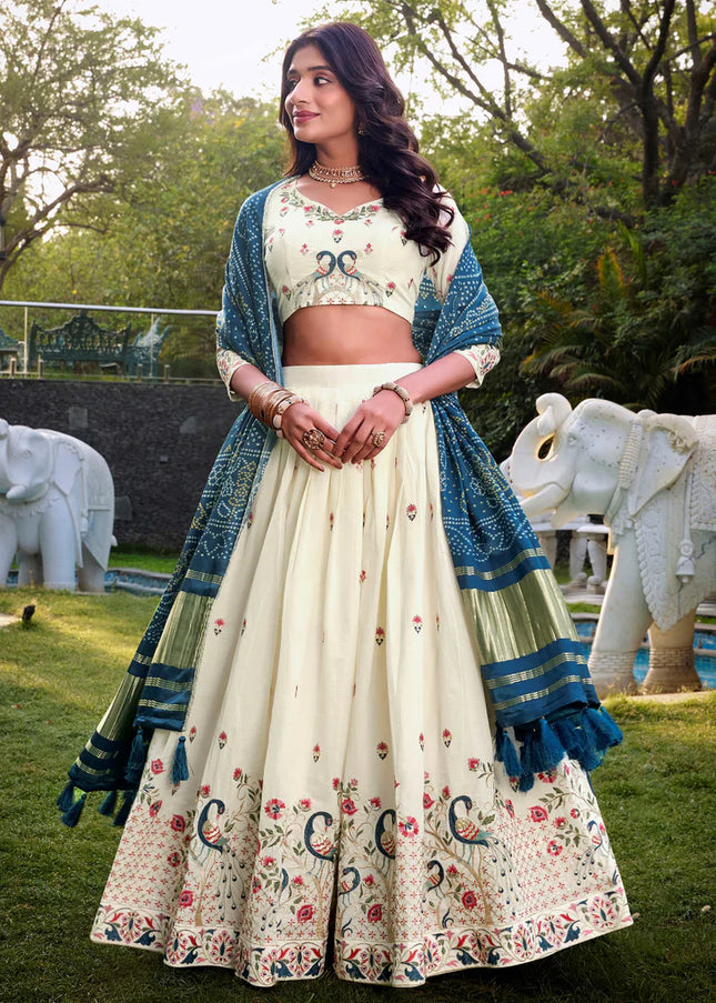 Offwhite and Teal Embroidered Lehenga Choli