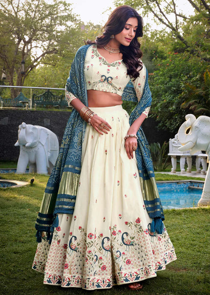 Offwhite and Teal Embroidered Lehenga Choli