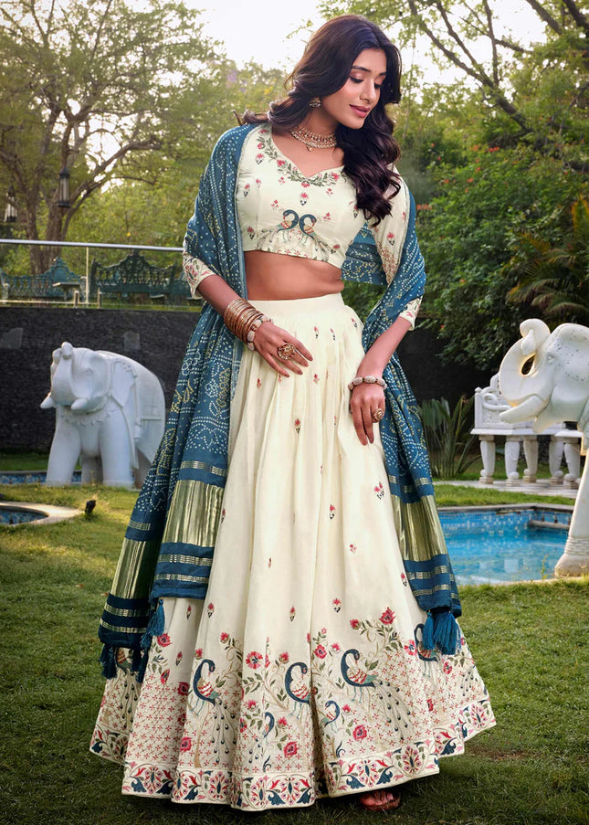 Offwhite and Teal Embroidered Lehenga Choli