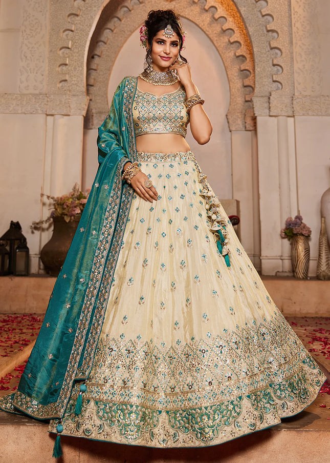 Cream and Teal Embroidered Lehenga Choli