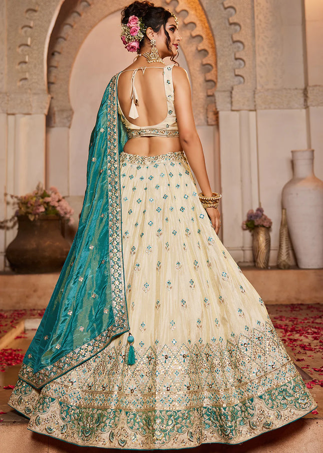 Cream and Teal Embroidered Lehenga Choli