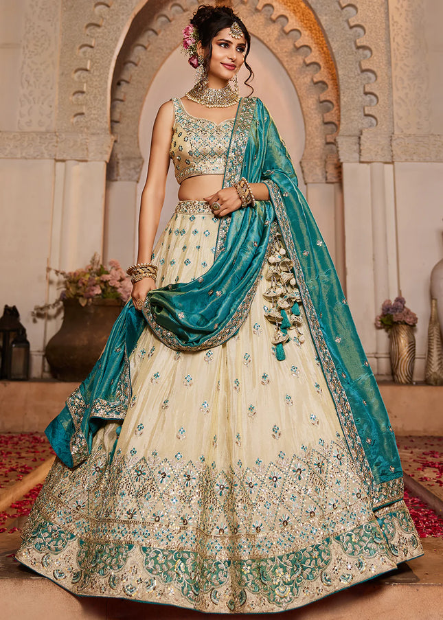 Cream and Teal Embroidered Lehenga Choli