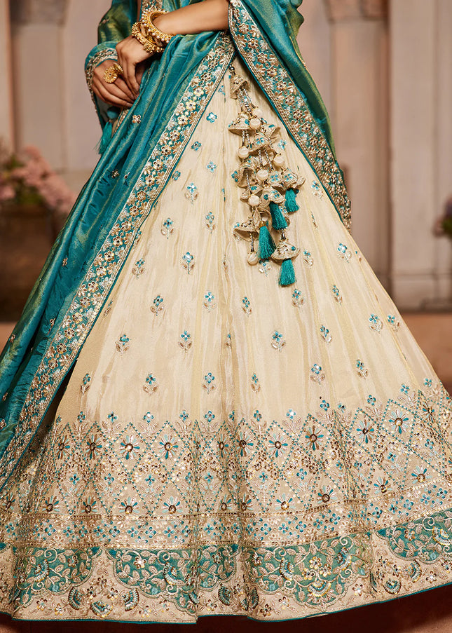 Cream and Teal Embroidered Lehenga Choli