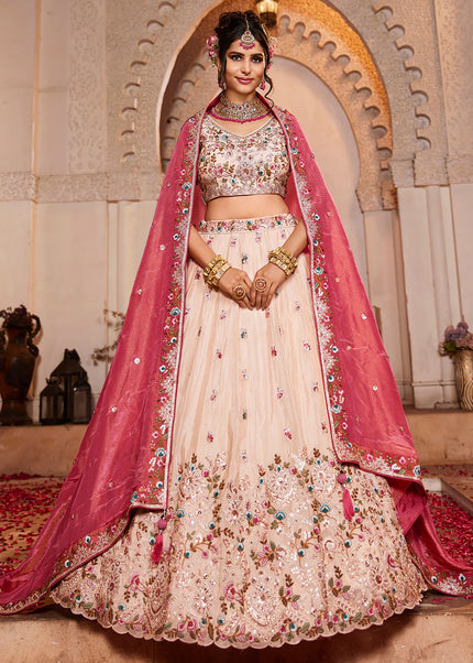 Cream and Piink Embroidered Lehenga Choli