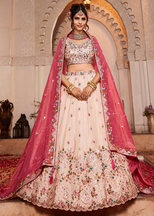 Cream and Piink Embroidered Lehenga Choli