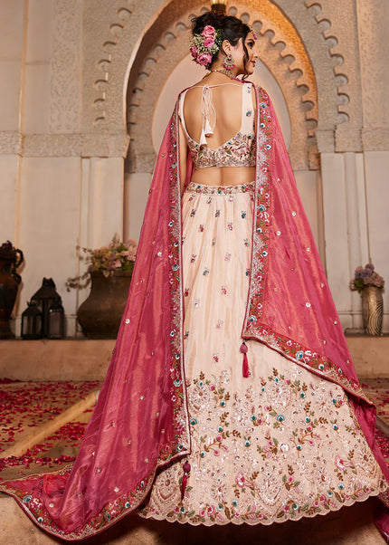 Cream and Piink Embroidered Lehenga Choli