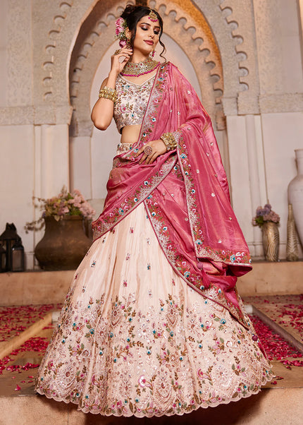Cream and Piink Embroidered Lehenga Choli