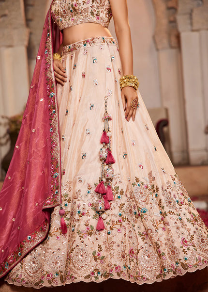 Cream and Piink Embroidered Lehenga Choli
