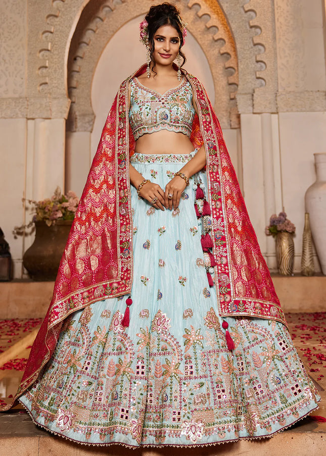 Sky Blue and Red Embroidered Lehenga Choli