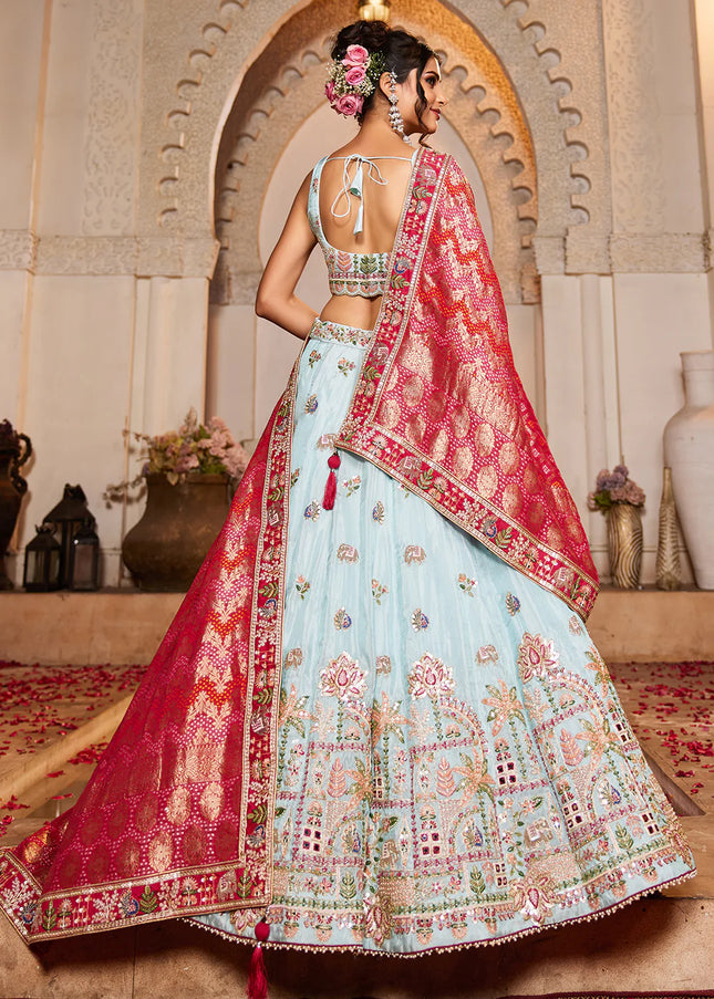 Sky Blue and Red Embroidered Lehenga Choli