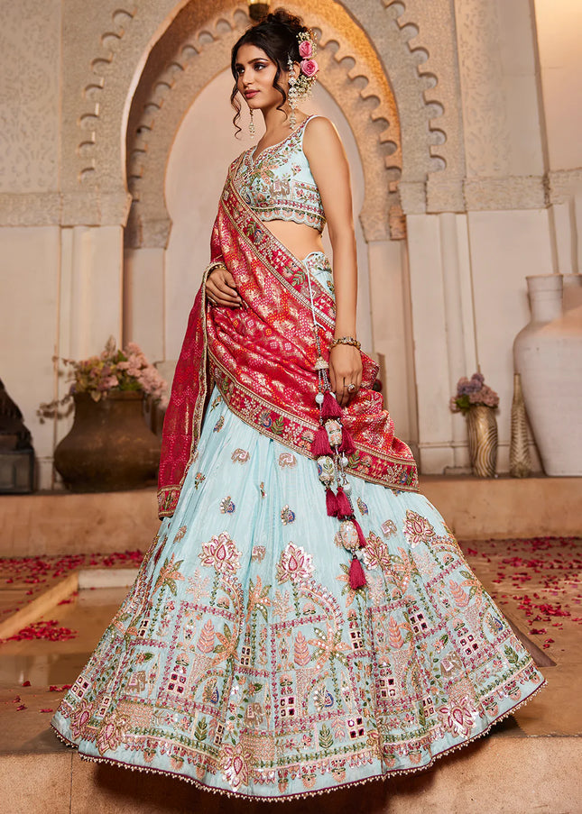 Sky Blue and Red Embroidered Lehenga Choli