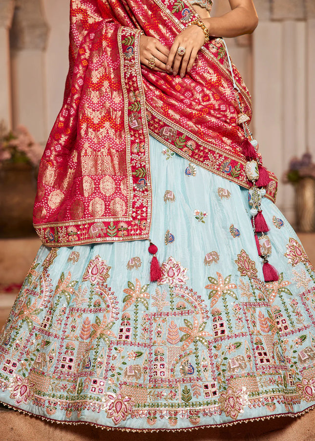 Sky Blue and Red Embroidered Lehenga Choli