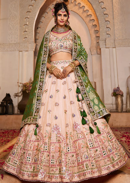 Peach and Green Embroidered Lehenga Choli