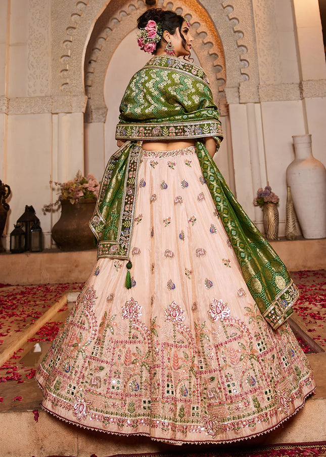 Peach and Green Embroidered Lehenga Choli