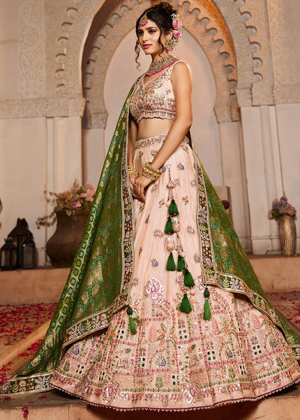 Peach and Green Embroidered Lehenga Choli