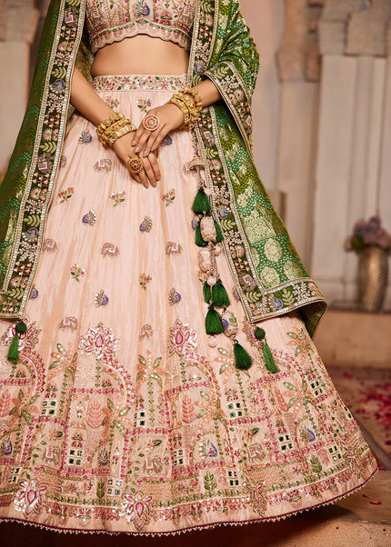 Peach and Green Embroidered Lehenga Choli