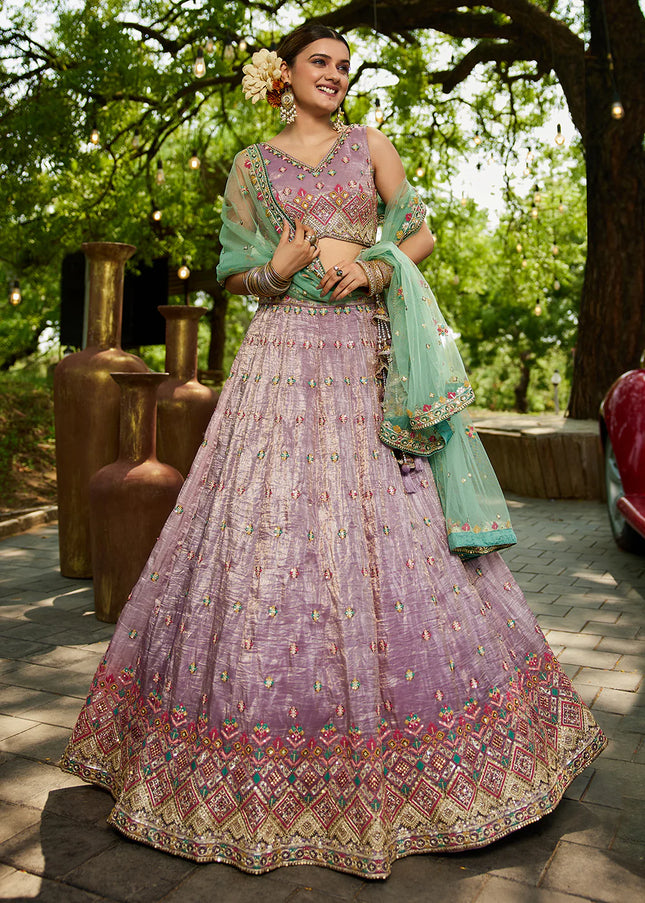 Lavender and Green Embroidered Lehenga Choli