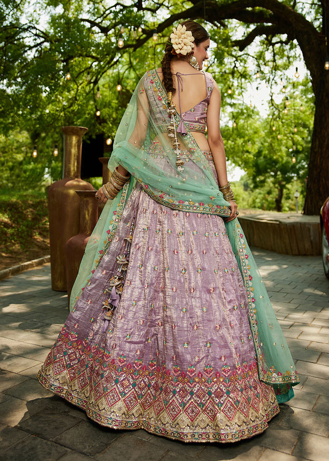 Lavender and Green Embroidered Lehenga Choli