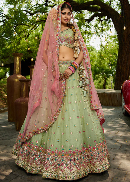 Green and Pink Embroidered Lehenga Choli