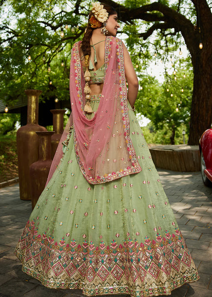 Green and Pink Embroidered Lehenga Choli