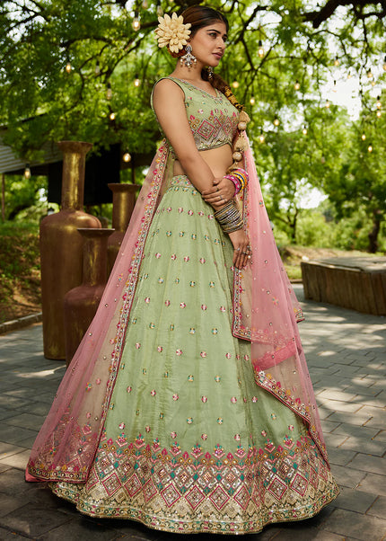 Green and Pink Embroidered Lehenga Choli