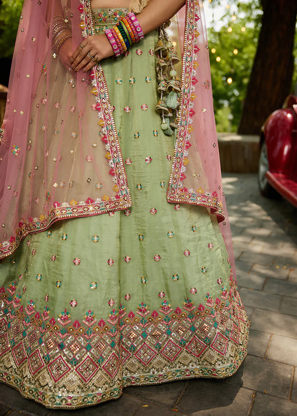 Green and Pink Embroidered Lehenga Choli