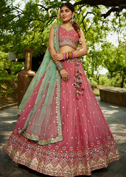 Pink and Green Embroidered Lehenga Choli
