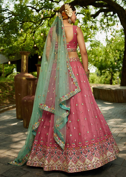 Pink and Green Embroidered Lehenga Choli