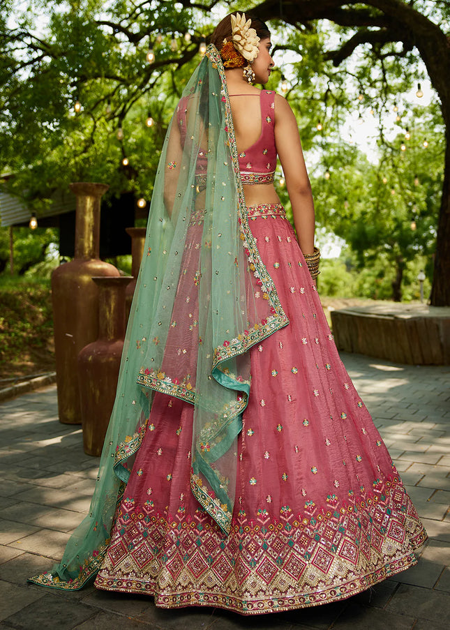 Pink and Green Embroidered Lehenga Choli