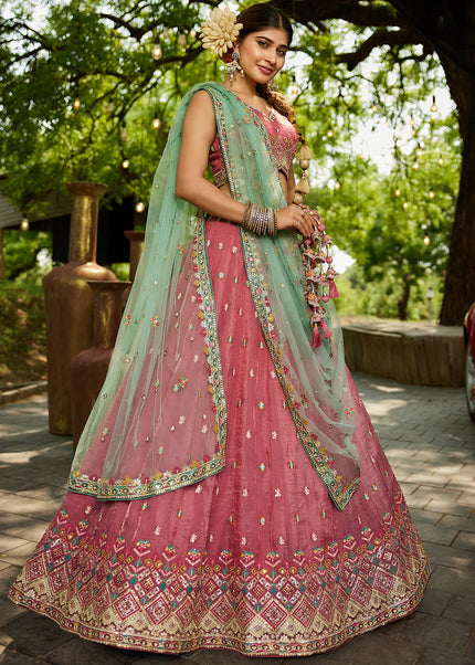 Pink and Green Embroidered Lehenga Choli