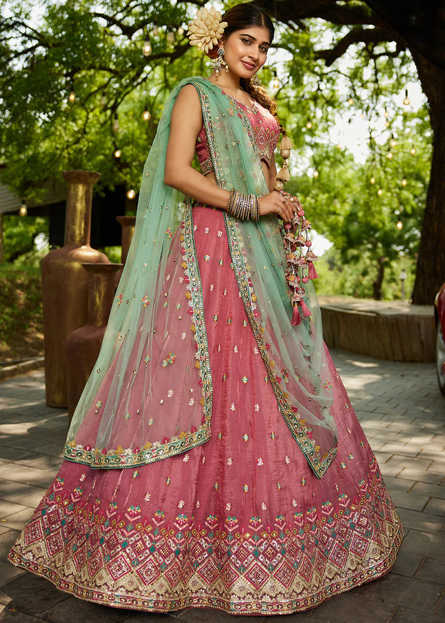 Pink and Green Embroidered Lehenga Choli