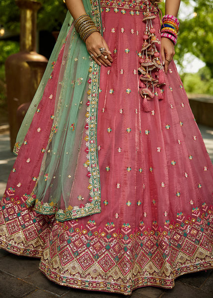 Pink and Green Embroidered Lehenga Choli