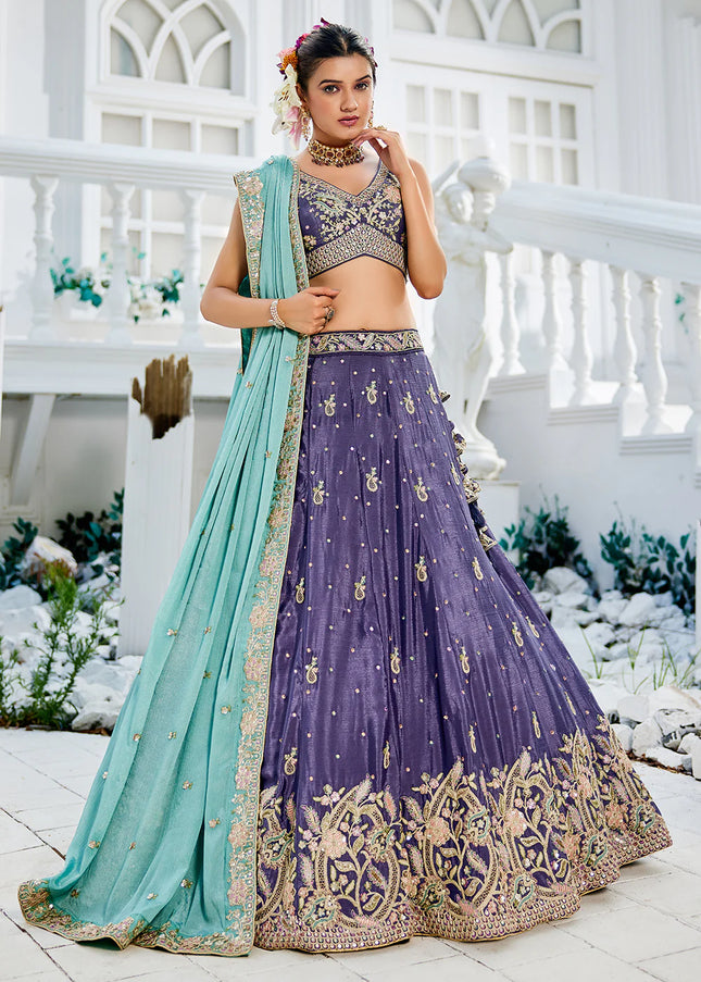 Purple and Sky Blue Embroidered Lehenga Choli