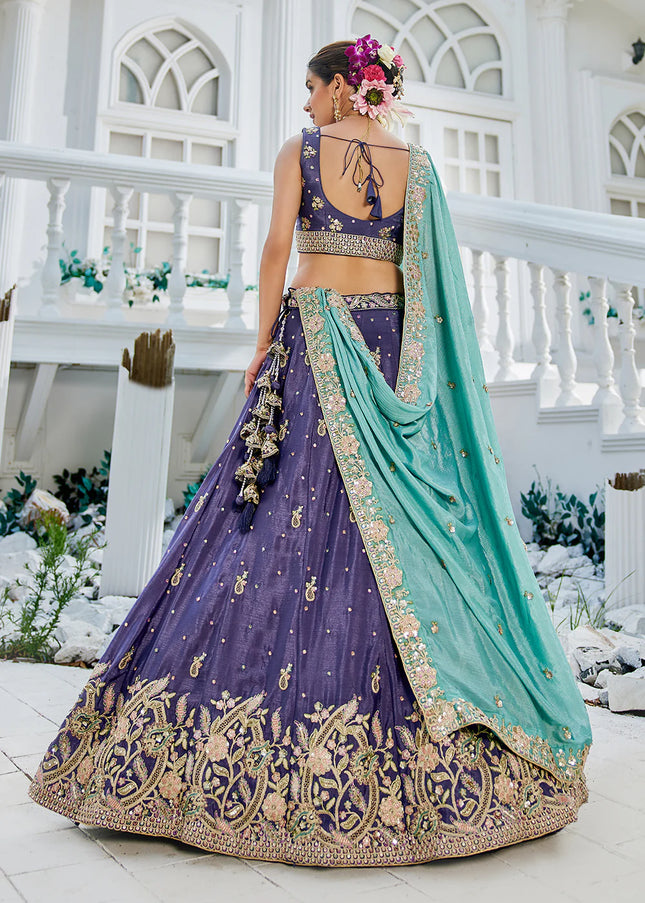 Purple and Sky Blue Embroidered Lehenga Choli