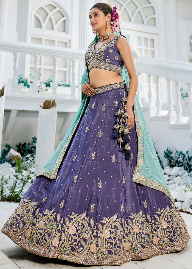Purple and Sky Blue Embroidered Lehenga Choli