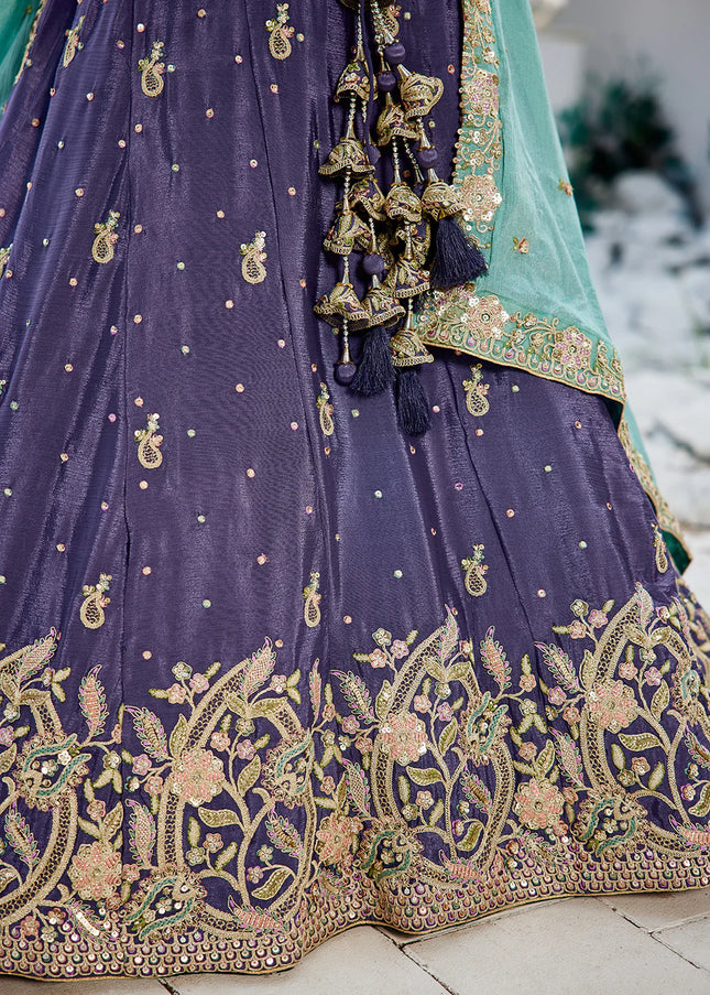 Purple and Sky Blue Embroidered Lehenga Choli