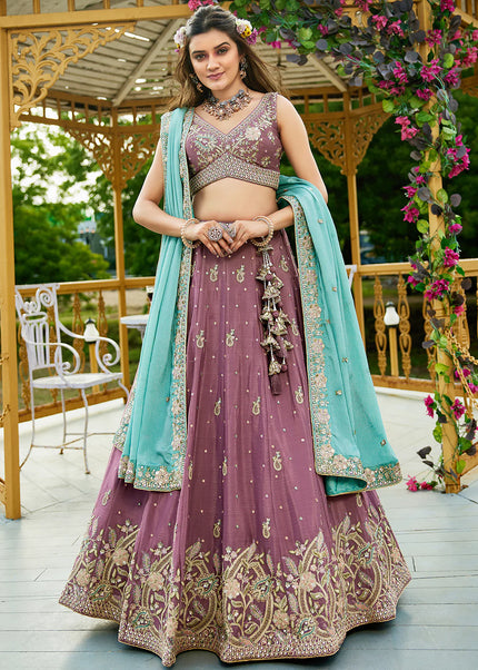 Mauve and Sky Blue Embroidered Lehenga Choli