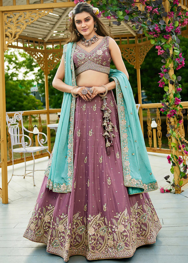 Mauve and Sky Blue Embroidered Lehenga Choli