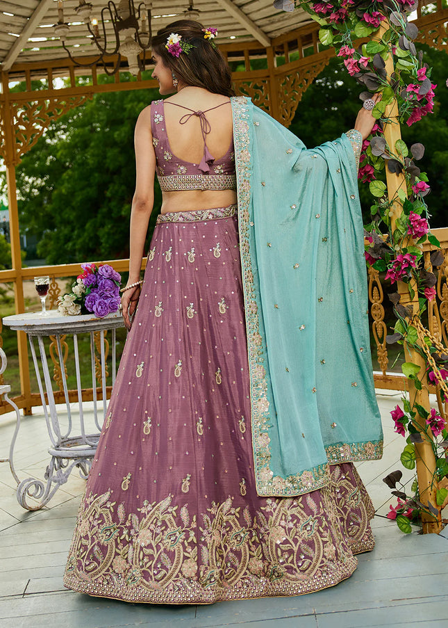 Mauve and Sky Blue Embroidered Lehenga Choli