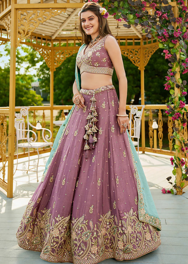 Mauve and Sky Blue Embroidered Lehenga Choli