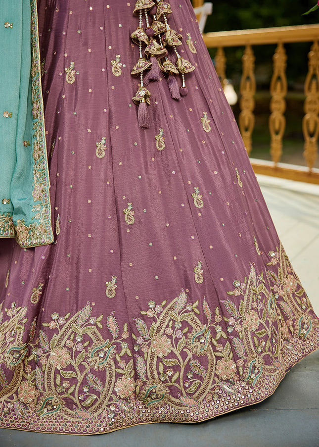 Mauve and Sky Blue Embroidered Lehenga Choli