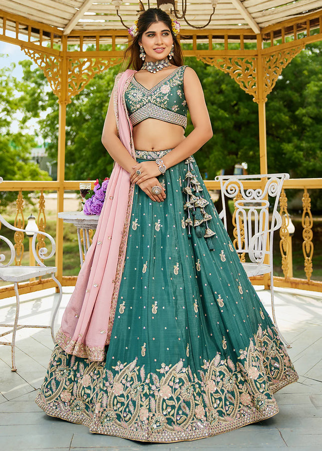 Teal and Pink Embroidered Lehenga Choli