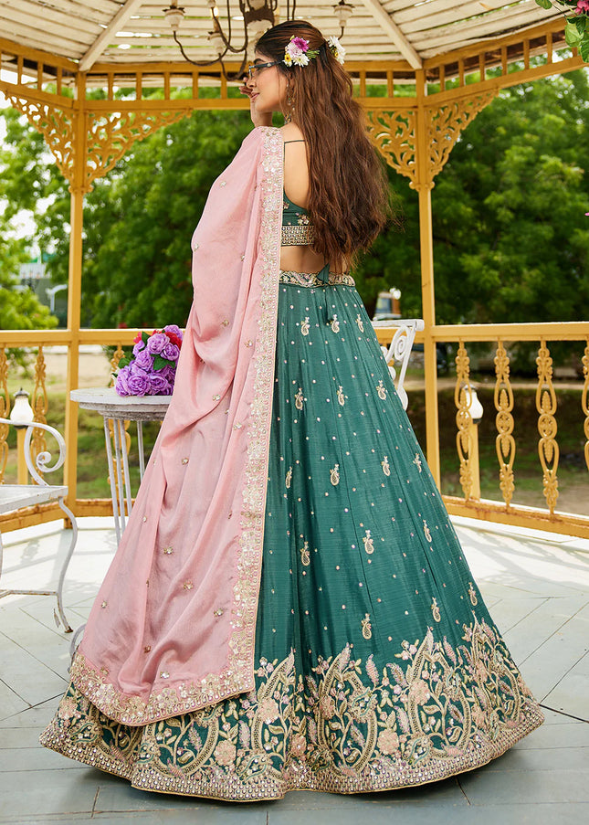 Teal and Pink Embroidered Lehenga Choli