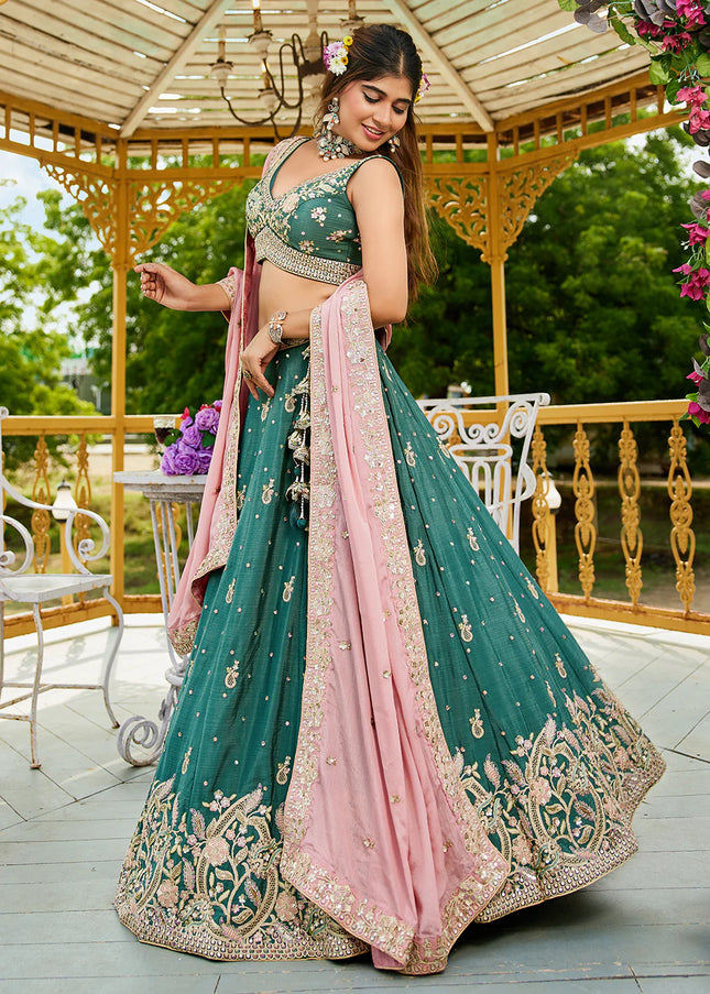 Teal and Pink Embroidered Lehenga Choli